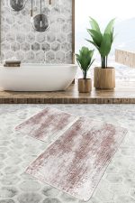 2'li Set Bej Zeminde Dokuma Halı Motifli Eskitme Desenli Eskitme Motifli Vintage  2'li Banyo & Mutfak Paspas Takımı Realhomes