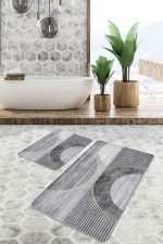 - PaspasTakimi-2li-Set683-Gorsel-2 - Realhomes  2'li Set Gri Zeminde Çizgili Motifli Geometrik Desenli Geometrik Klasik  2'li Banyo & Mutfak Paspas Takımı Realhomes