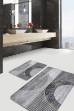 - PaspasTakimi-2li-Set683-Gorsel-5 - Realhomes  2'li Set Gri Zeminde Çizgili Motifli Geometrik Desenli Geometrik Klasik  2'li Banyo & Mutfak Paspas Takımı Realhomes