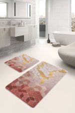 - PaspasTakimi-2li-Set684-Gorsel-1 - Realhomes 2'li Set Kremit - Gold Zeminde Mozaik Motifli Geometrik Desenli Geometrik Sade & Şık 2'li Banyo & Mutfak Paspas Takımı Realhomes