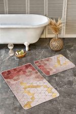 - Realhomes - Realhomes 2'li Set Kremit - Gold Zeminde Mozaik Motifli Geometrik Desenli Geometrik Sade & Şık 2'li Banyo & Mutfak Paspas Takımı Realhomes