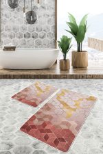 - PaspasTakimi-2li-Set684-Gorsel-2 - Realhomes 2'li Set Kremit - Gold Zeminde Mozaik Motifli Geometrik Desenli Geometrik Sade & Şık 2'li Banyo & Mutfak Paspas Takımı Realhomes