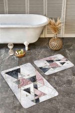 - Realhomes - Realhomes 2'li Set Mermer Zeminde Üçgen Motifli Geometrik Desenli Geometrik Sade & Şık 2'li Banyo & Mutfak Paspas Takımı Realhomes