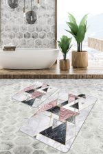 - PaspasTakimi-2li-Set685-Gorsel-2 - Realhomes 2'li Set Mermer Zeminde Üçgen Motifli Geometrik Desenli Geometrik Sade & Şık 2'li Banyo & Mutfak Paspas Takımı Realhomes