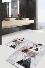 - PaspasTakimi-2li-Set685-Gorsel-5 - Realhomes 2'li Set Mermer Zeminde Üçgen Motifli Geometrik Desenli Geometrik Sade & Şık 2'li Banyo & Mutfak Paspas Takımı Realhomes