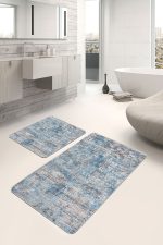 2'li Set Mavi Zeminde Dokuma Halı Motifli Eskitme Desenli Eskitme Motifli Sade & Şık  2'li Banyo & Mutfak Paspas Takımı Realhomes