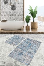 2'li Set Mavi Zeminde Dokuma Halı Motifli Eskitme Desenli Eskitme Motifli Sade & Şık  2'li Banyo & Mutfak Paspas Takımı Realhomes