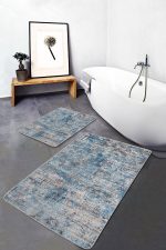 2'li Set Mavi Zeminde Dokuma Halı Motifli Eskitme Desenli Eskitme Motifli Sade & Şık  2'li Banyo & Mutfak Paspas Takımı Realhomes