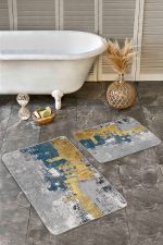 - Realhomes - Realhomes  2'li Set Gold Zeminde Eskitme Motifli Boyama Desenli Eskitme Motifli Modern  2'li Banyo & Mutfak Paspas Takımı Realhomes