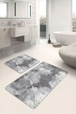 2'li Set Gri Zeminde Eskitme Motifli Retro Desenli Eskitme Motifli Sade & Şık  2'li Banyo & Mutfak Paspas Takımı Realhomes