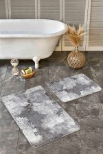2'li Set Gri Zeminde Eskitme Motifli Retro Desenli Eskitme Motifli Sade & Şık  2'li Banyo & Mutfak Paspas Takımı Realhomes
