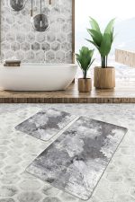 2'li Set Gri Zeminde Eskitme Motifli Retro Desenli Eskitme Motifli Sade & Şık  2'li Banyo & Mutfak Paspas Takımı Realhomes