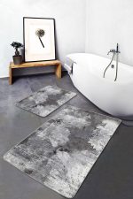 2'li Set Gri Zeminde Eskitme Motifli Retro Desenli Eskitme Motifli Sade & Şık  2'li Banyo & Mutfak Paspas Takımı Realhomes