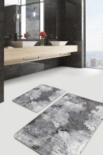 2'li Set Gri Zeminde Eskitme Motifli Retro Desenli Eskitme Motifli Sade & Şık  2'li Banyo & Mutfak Paspas Takımı Realhomes