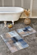 - Realhomes - Realhomes  2'li Set Lacivert Zeminde Yağlı Boya Motifli Modern Sanat Desenli Modern Sade & Şık  2'li Banyo & Mutfak Paspas Takımı Realhomes