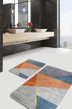 - PaspasTakimi-2li-Set691-Gorsel-1 - Realhomes 2'li Set Gold - Turuncu Zeminde Çizgili Motifli Geometrik Desenli Geometrik Modern 2'li Banyo & Mutfak Paspas Takımı Realhomes