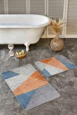 - Realhomes - Realhomes 2'li Set Gold - Turuncu Zeminde Çizgili Motifli Geometrik Desenli Geometrik Modern 2'li Banyo & Mutfak Paspas Takımı Realhomes