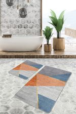 - PaspasTakimi-2li-Set691-Gorsel-5 - Realhomes 2'li Set Gold - Turuncu Zeminde Çizgili Motifli Geometrik Desenli Geometrik Modern 2'li Banyo & Mutfak Paspas Takımı Realhomes