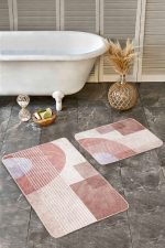 - Realhomes - Realhomes  2'li Set Kremit Zeminde Çizgili Motifli Geometrik Desenli Geometrik Klasik  2'li Banyo & Mutfak Paspas Takımı Realhomes