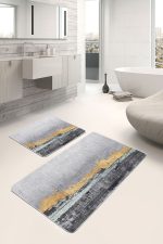 - PaspasTakimi-2li-Set694-Gorsel-1 - Realhomes  2'li Set Gold - Gri Zeminde Eskitme Motifli Yağlı Boya Desenli Modern Klasik  2'li Banyo & Mutfak Paspas Takımı Realhomes