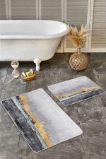 - Realhomes - Realhomes  2'li Set Gold - Gri Zeminde Eskitme Motifli Yağlı Boya Desenli Modern Klasik  2'li Banyo & Mutfak Paspas Takımı Realhomes