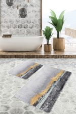 - PaspasTakimi-2li-Set694-Gorsel-2 - Realhomes  2'li Set Gold - Gri Zeminde Eskitme Motifli Yağlı Boya Desenli Modern Klasik  2'li Banyo & Mutfak Paspas Takımı Realhomes