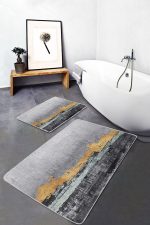 - PaspasTakimi-2li-Set694-Gorsel-4 - Realhomes  2'li Set Gold - Gri Zeminde Eskitme Motifli Yağlı Boya Desenli Modern Klasik  2'li Banyo & Mutfak Paspas Takımı Realhomes