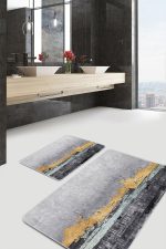 - PaspasTakimi-2li-Set694-Gorsel-5 - Realhomes  2'li Set Gold - Gri Zeminde Eskitme Motifli Yağlı Boya Desenli Modern Klasik  2'li Banyo & Mutfak Paspas Takımı Realhomes