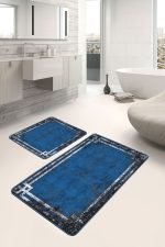 2'li Set Lacivert Zeminde Çerçeveli Motifli Eskitme Desenli Sade & Şık Eskitme Motifli  2'li Banyo & Mutfak Paspas Takımı Realhomes