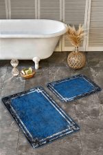 2'li Set Lacivert Zeminde Çerçeveli Motifli Eskitme Desenli Sade & Şık Eskitme Motifli  2'li Banyo & Mutfak Paspas Takımı Realhomes