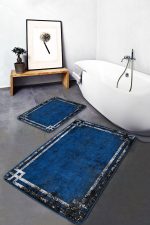 2'li Set Lacivert Zeminde Çerçeveli Motifli Eskitme Desenli Sade & Şık Eskitme Motifli  2'li Banyo & Mutfak Paspas Takımı Realhomes