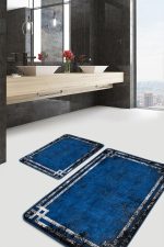 2'li Set Lacivert Zeminde Çerçeveli Motifli Eskitme Desenli Sade & Şık Eskitme Motifli  2'li Banyo & Mutfak Paspas Takımı Realhomes