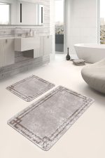 - PaspasTakimi-2li-Set696-Gorsel-1 - Realhomes 2'li Set Krem Zeminde Çerçeveli Motifli Eskitme Desenli Geometrik Eskitme Motifli 2'li Banyo & Mutfak Paspas Takımı Realhomes