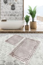 - PaspasTakimi-2li-Set696-Gorsel-2 - Realhomes 2'li Set Krem Zeminde Çerçeveli Motifli Eskitme Desenli Geometrik Eskitme Motifli 2'li Banyo & Mutfak Paspas Takımı Realhomes