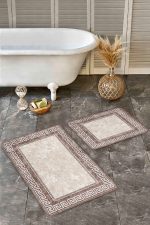 2'li Set Bej Zeminde Çerçeveli Motifli Klasik Desenli Geometrik Klasik  2'li Banyo & Mutfak Paspas Takımı Realhomes