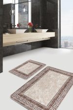 2'li Set Bej Zeminde Çerçeveli Motifli Klasik Desenli Geometrik Klasik  2'li Banyo & Mutfak Paspas Takımı Realhomes