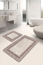 2'li Set Bej Zeminde Çerçeveli Motifli Klasik Desenli Geometrik Klasik  2'li Banyo & Mutfak Paspas Takımı Realhomes