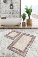 2'li Set Bej Zeminde Çerçeveli Motifli Klasik Desenli Geometrik Klasik  2'li Banyo & Mutfak Paspas Takımı Realhomes