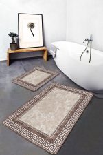 2'li Set Bej Zeminde Çerçeveli Motifli Klasik Desenli Geometrik Klasik  2'li Banyo & Mutfak Paspas Takımı Realhomes