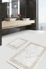 2'li Set Gold Zeminde Çerçeveli Motifli Mermer Desenli Geometrik Klasik  2'li Banyo & Mutfak Paspas Takımı Realhomes