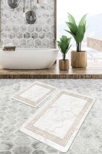 2'li Set Gold Zeminde Çerçeveli Motifli Mermer Desenli Geometrik Klasik  2'li Banyo & Mutfak Paspas Takımı Realhomes