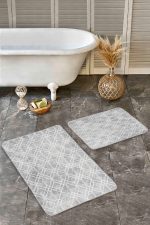 2'li Set Gri Zeminde Geometrik Motifli Eskitme Desenli Geometrik Eskitme Motifli  2'li Banyo & Mutfak Paspas Takımı Realhomes