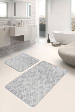 2'li Set Gri Zeminde Geometrik Motifli Eskitme Desenli Geometrik Eskitme Motifli  2'li Banyo & Mutfak Paspas Takımı Realhomes
