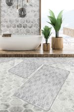 2'li Set Gri Zeminde Geometrik Motifli Eskitme Desenli Geometrik Eskitme Motifli  2'li Banyo & Mutfak Paspas Takımı Realhomes