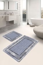 2'li Set Mavi Zeminde Çerçeveli Motifli Antik Desenli Geometrik Eskitme Motifli  2'li Banyo & Mutfak Paspas Takımı Realhomes