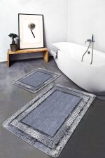 2'li Set Mavi Zeminde Çerçeveli Motifli Antik Desenli Geometrik Eskitme Motifli  2'li Banyo & Mutfak Paspas Takımı Realhomes