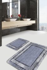 2'li Set Mavi Zeminde Çerçeveli Motifli Antik Desenli Geometrik Eskitme Motifli  2'li Banyo & Mutfak Paspas Takımı Realhomes