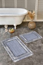 2'li Set Mavi Zeminde Çerçeveli Motifli Antik Desenli Geometrik Eskitme Motifli  2'li Banyo & Mutfak Paspas Takımı Realhomes