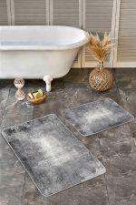 - Realhomes - Realhomes 2'li Set Gri Zeminde Eskitme Motifli Retro Desenli Eskitme Motifli Vintage 2'li Banyo & Mutfak Paspas Takımı Realhomes