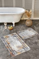 - Realhomes - Realhomes  2'li Set Gri Zeminde Çerçeveli Motifli Eskitme Desenli Geometrik Eskitme Motifli  2'li Banyo & Mutfak Paspas Takımı Realhomes